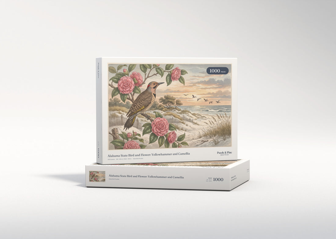 Alabama State Bird and Flower: Yellowhammer and Camellia jigsaw puzzle - gift box
