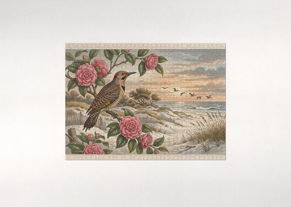 Alabama State Bird and Flower: Yellowhammer and Camellia jigsaw puzzle - gift box