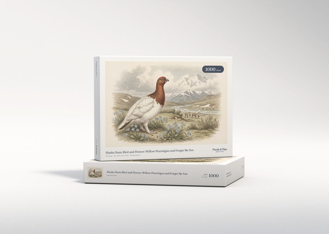 Alaska State Bird and Flower: Willow Ptarmigan and Forget Me Not jigsaw puzzle - gift box