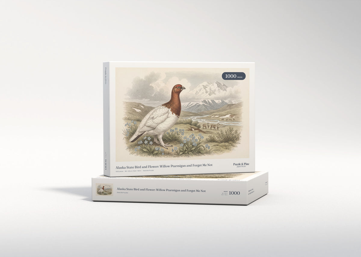 Alaska State Bird and Flower: Willow Ptarmigan and Forget Me Not jigsaw puzzle - gift box