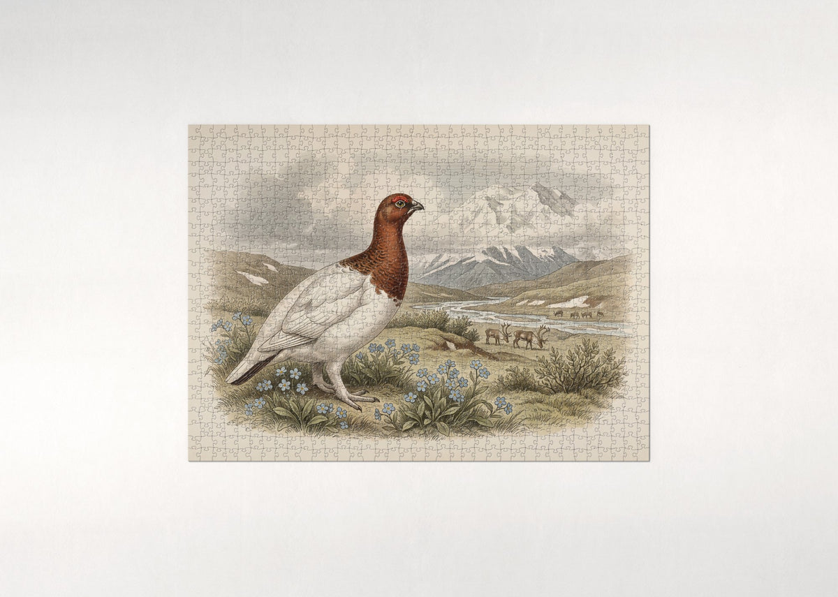 Alaska State Bird and Flower: Willow Ptarmigan and Forget Me Not jigsaw puzzle - flat puzzle