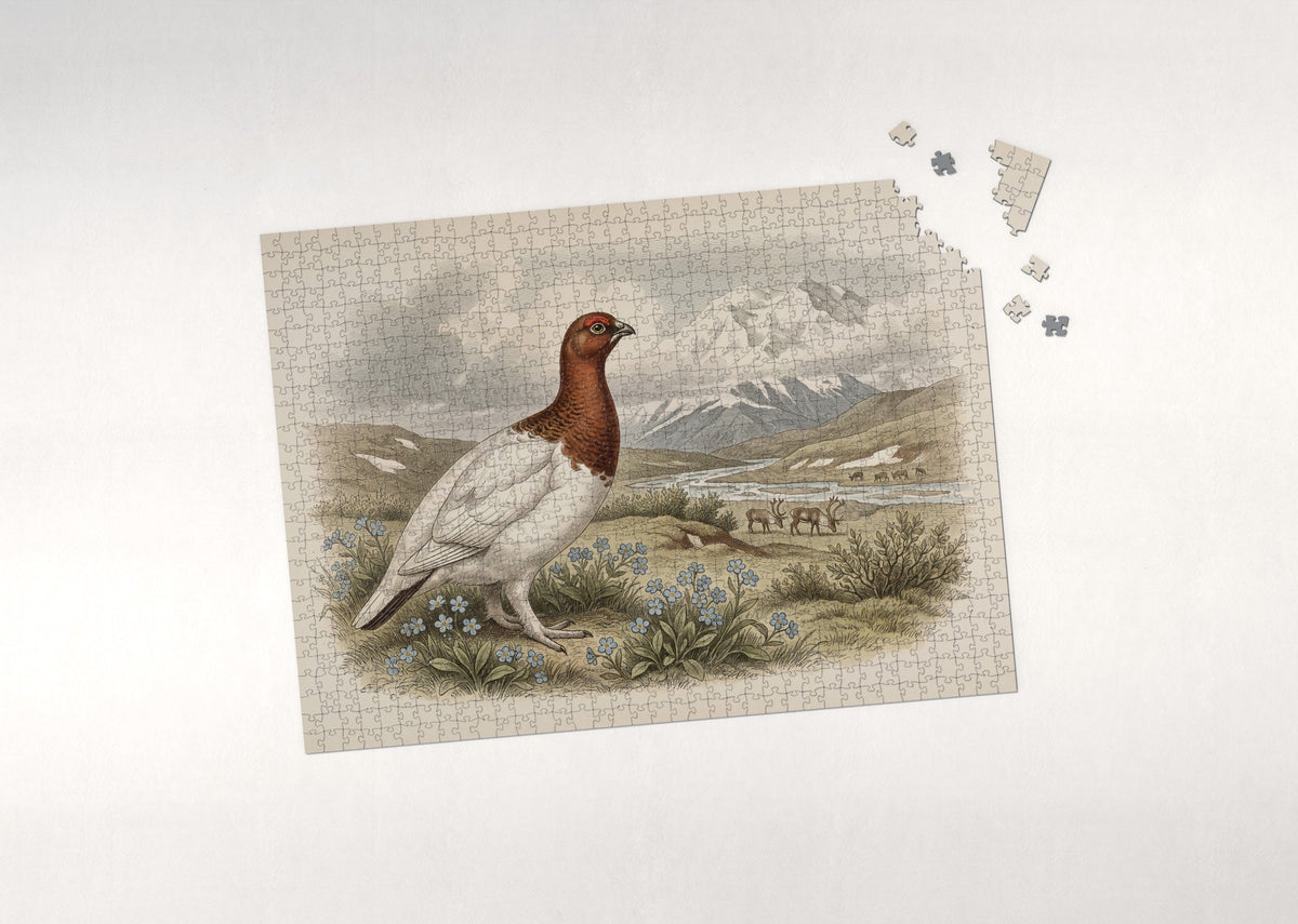 Alaska State Bird and Flower: Willow Ptarmigan and Forget Me Not jigsaw puzzle - puzzle with loose pieces