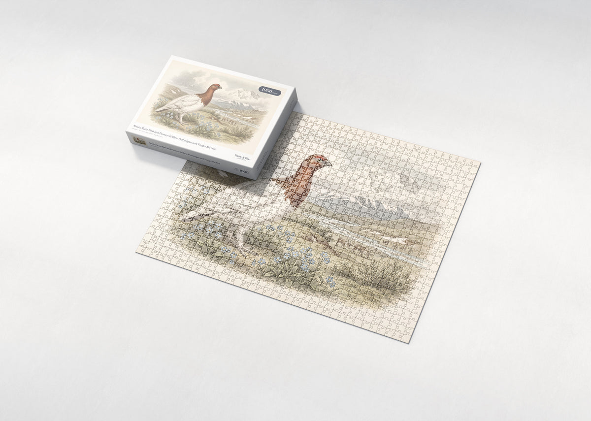 Alaska State Bird and Flower: Willow Ptarmigan and Forget Me Not jigsaw puzzle - box and puzzle
