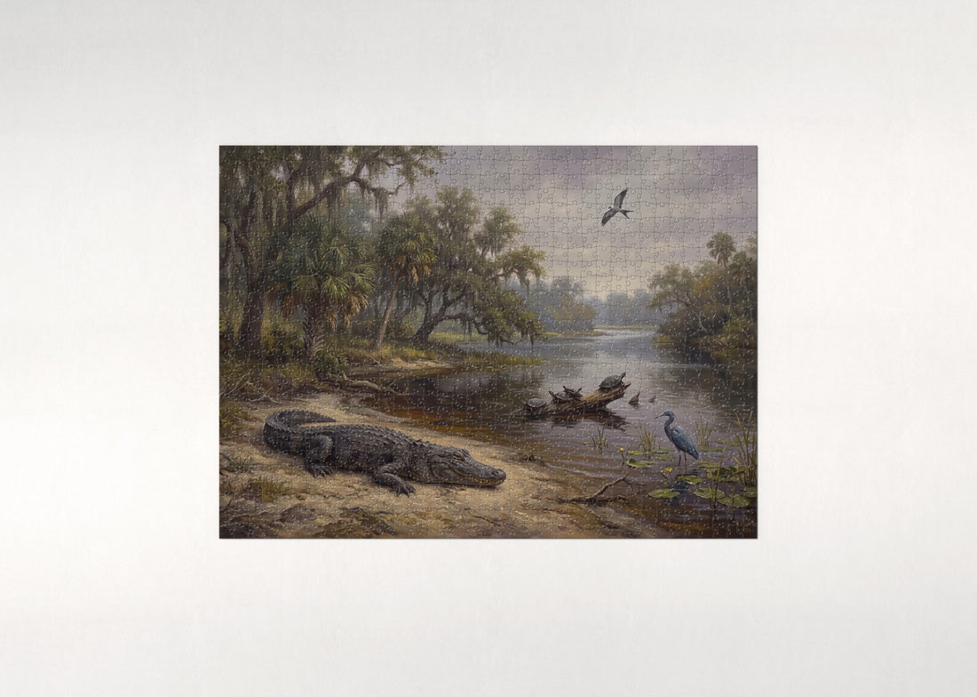 Alligator Basking on the Riverbank jigsaw puzzle - gift box