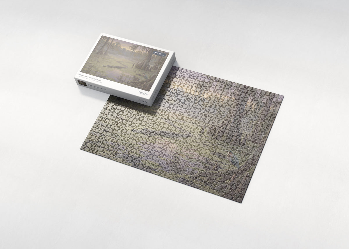 Alligator Eyes Above the Water jigsaw puzzle - box and puzzle