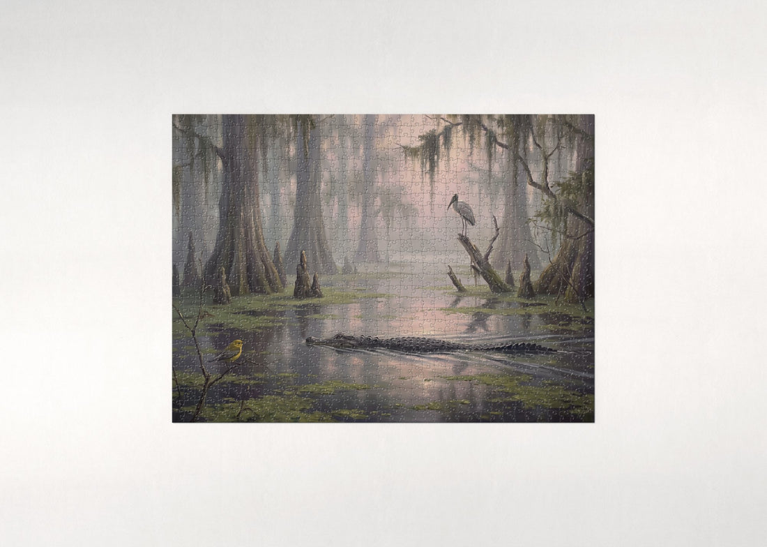 Alligator in the Cypress Swamp at Dawn jigsaw puzzle - gift box