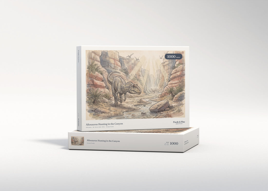 Allosaurus Hunting in the Canyon jigsaw puzzle - gift box