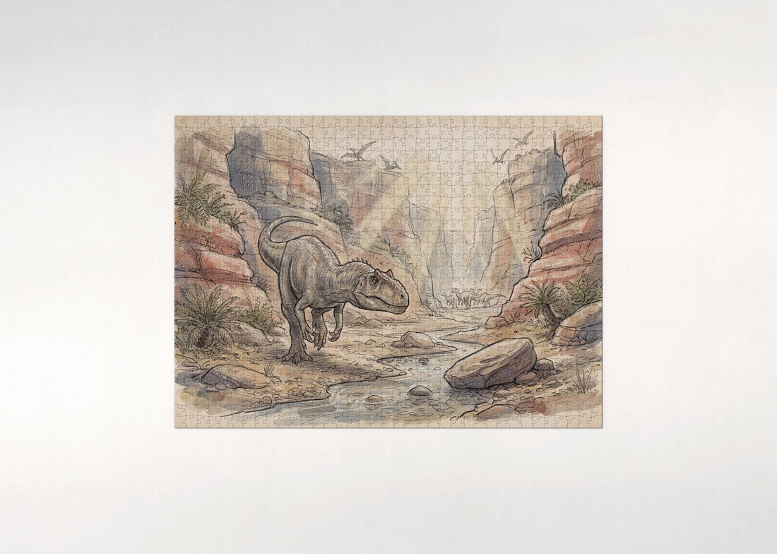 Allosaurus Hunting in the Canyon jigsaw puzzle - gift box