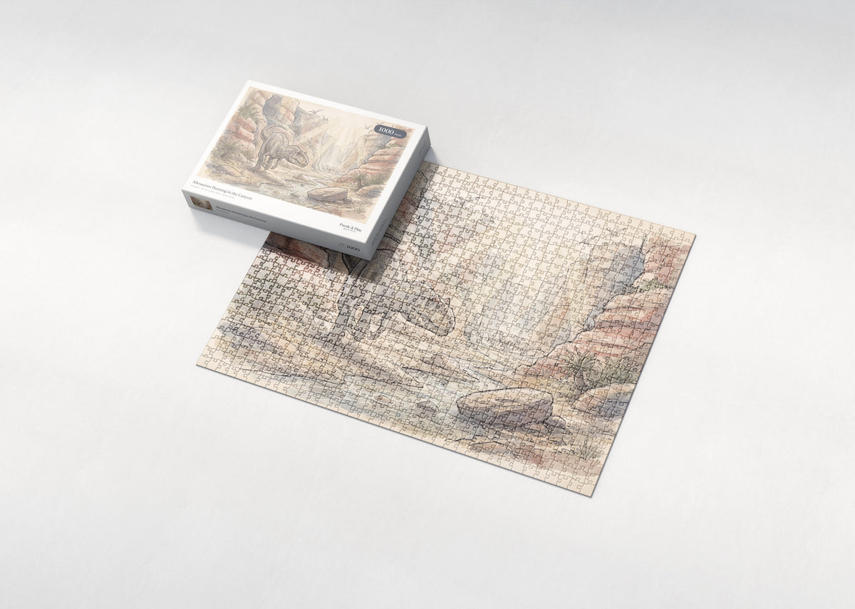 Allosaurus Hunting in the Canyon jigsaw puzzle - box and puzzle