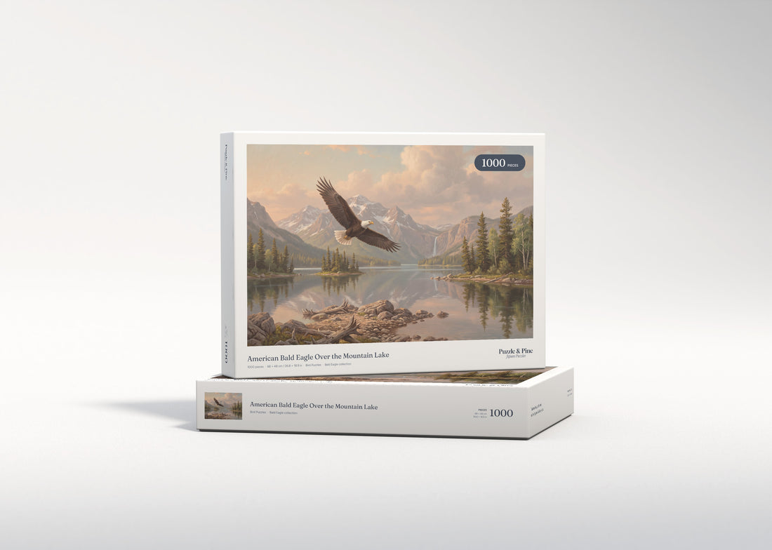 American Bald Eagle Over the Mountain Lake jigsaw puzzle - gift box