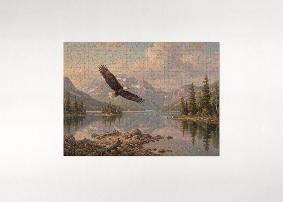 American Bald Eagle Over the Mountain Lake jigsaw puzzle - gift box