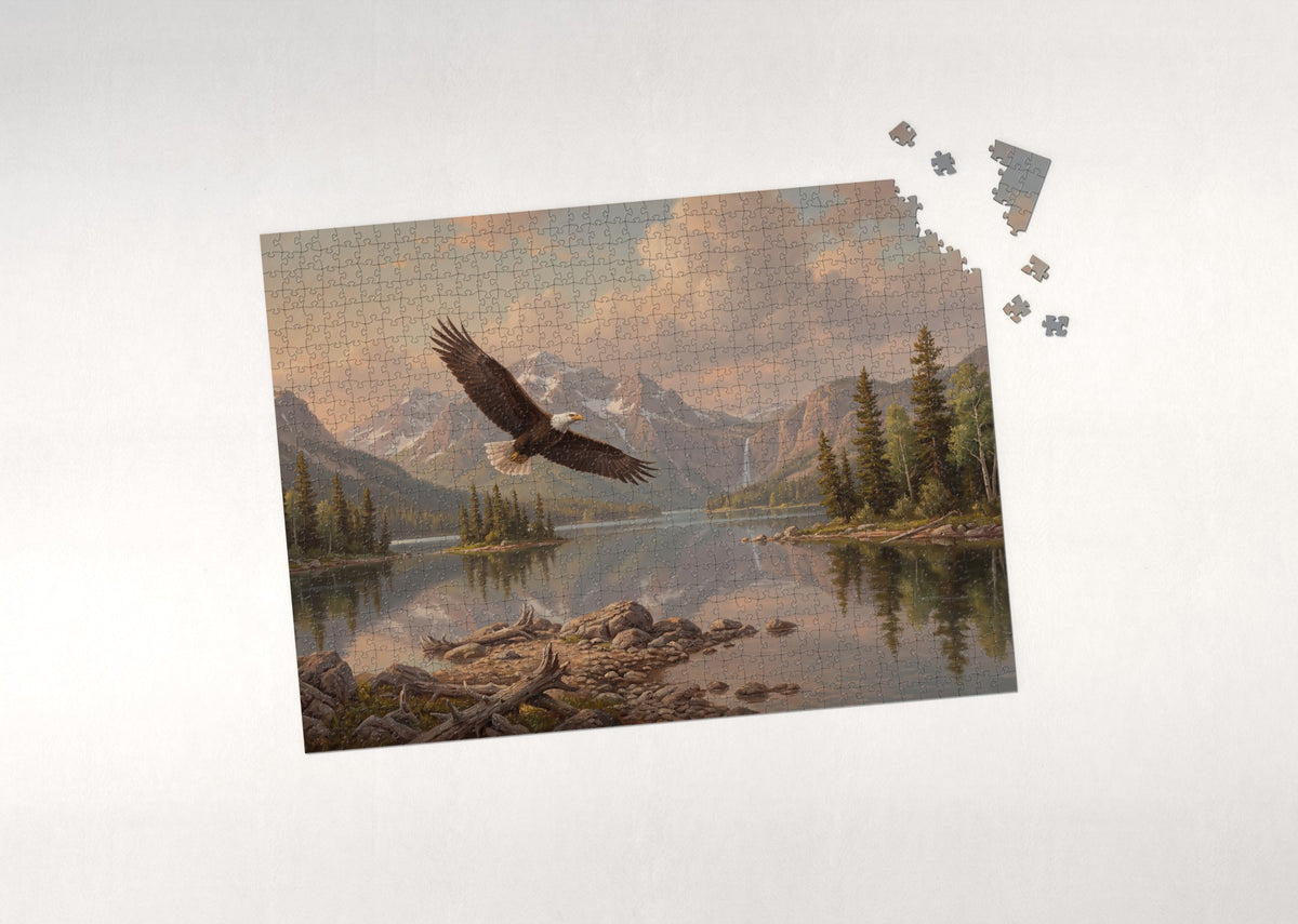American Bald Eagle Over the Mountain Lake jigsaw puzzle - puzzle with loose pieces
