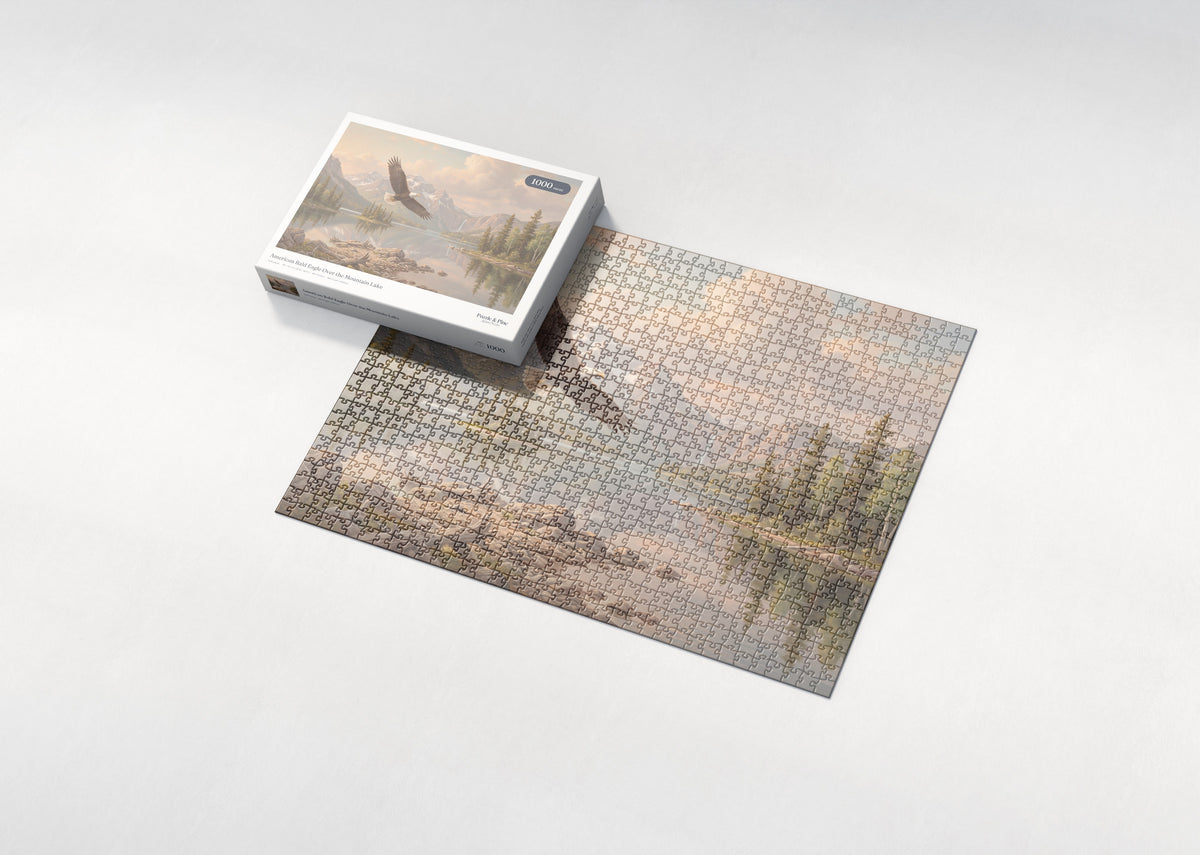 American Bald Eagle Over the Mountain Lake jigsaw puzzle - box and puzzle