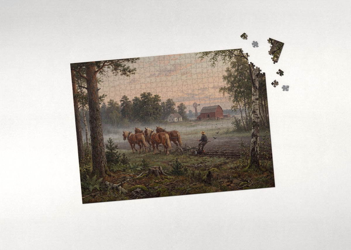Amish Plow Team at Dawn jigsaw puzzle - puzzle with loose pieces