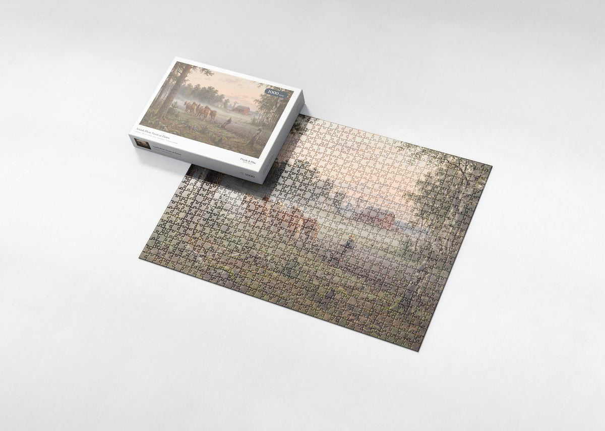 Amish Plow Team at Dawn jigsaw puzzle - box and puzzle