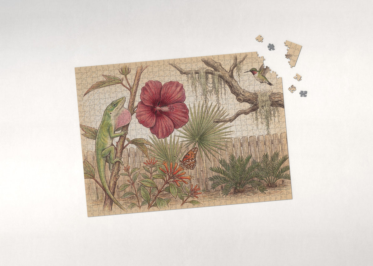 Anole on the Hibiscus jigsaw puzzle - puzzle with loose pieces