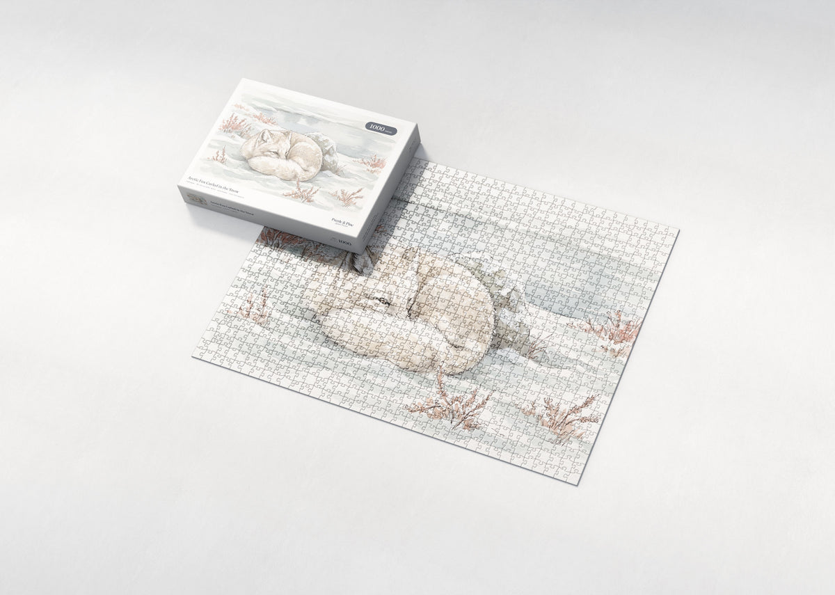 Arctic Fox Curled in the Snow jigsaw puzzle - box and puzzle
