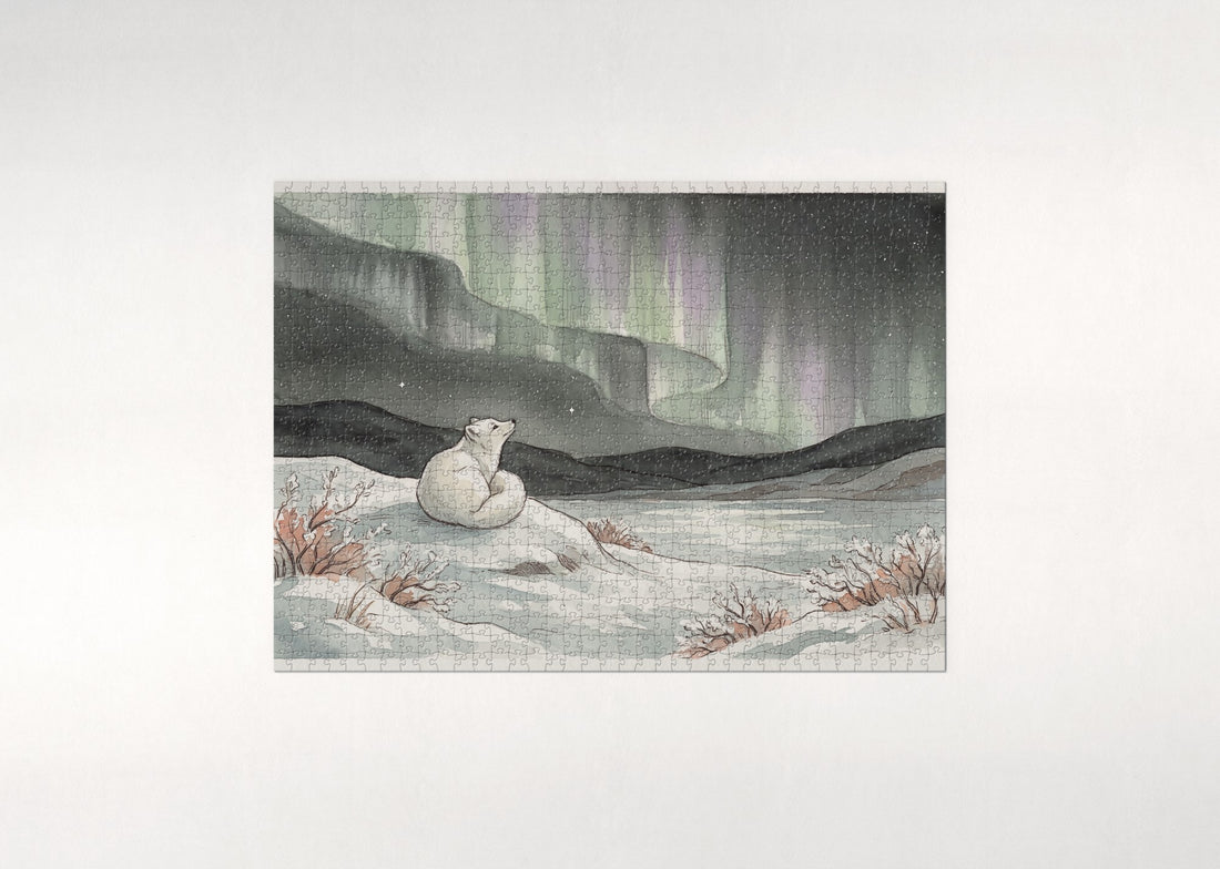 Arctic Fox Under the Northern Lights jigsaw puzzle - gift box