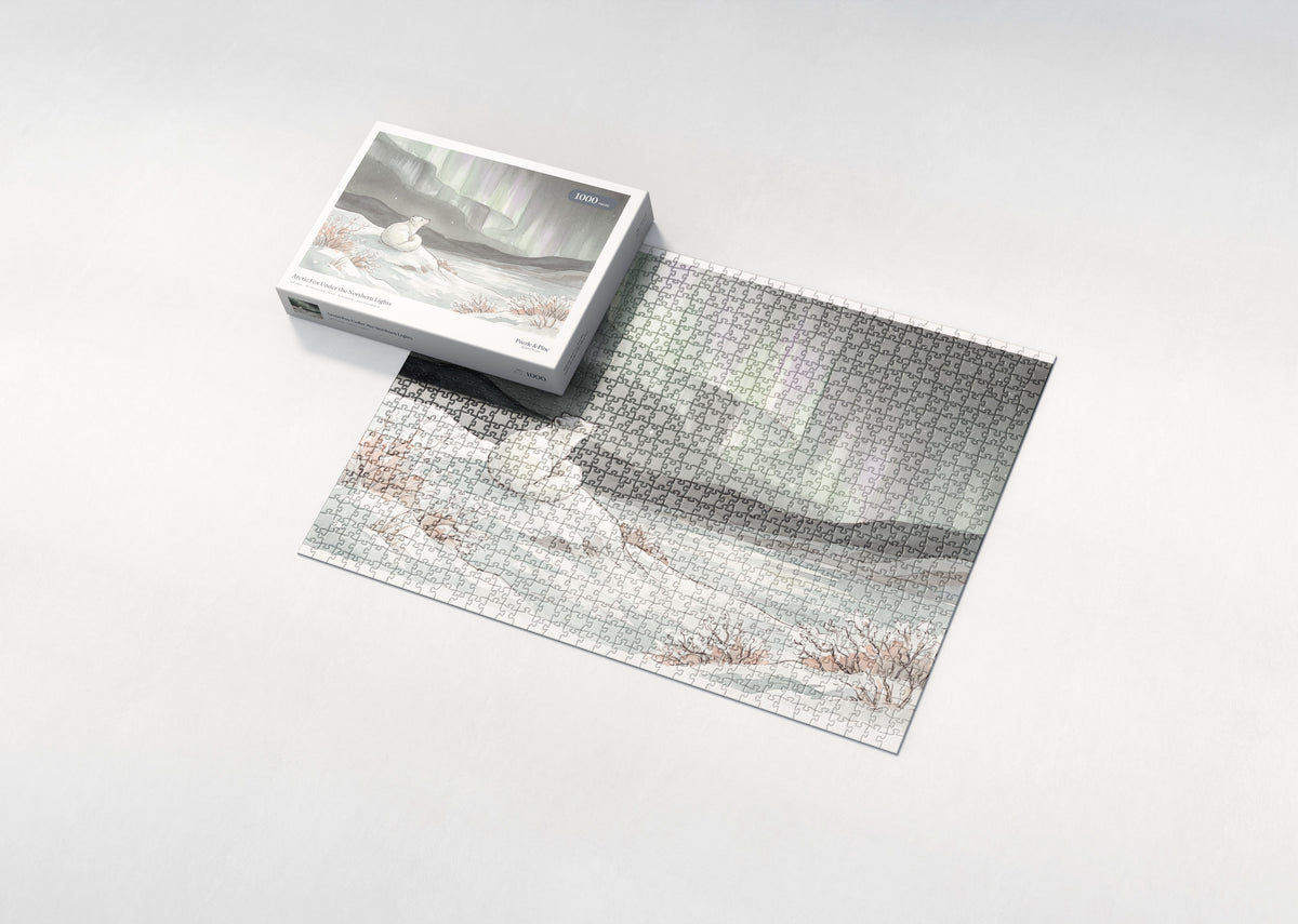 Arctic Fox Under the Northern Lights jigsaw puzzle - box and puzzle