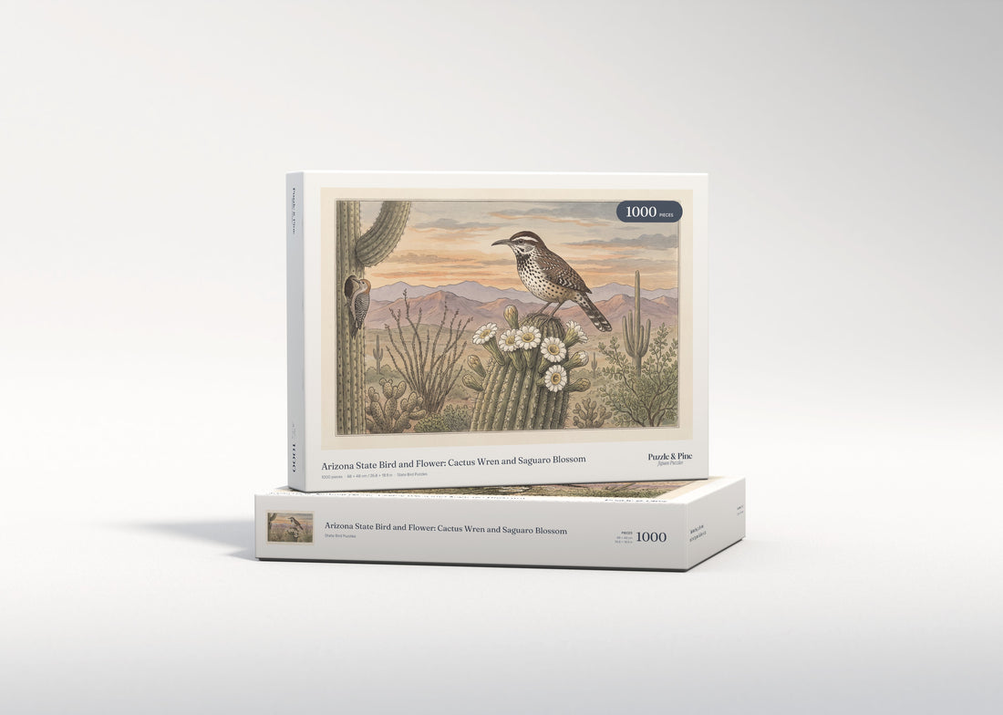 Arizona State Bird and Flower: Cactus Wren and Saguaro Blossom jigsaw puzzle - gift box