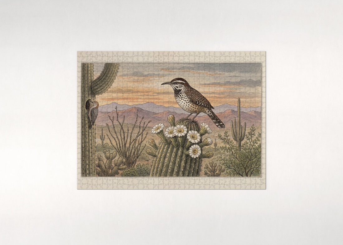 Arizona State Bird and Flower: Cactus Wren and Saguaro Blossom jigsaw puzzle - gift box