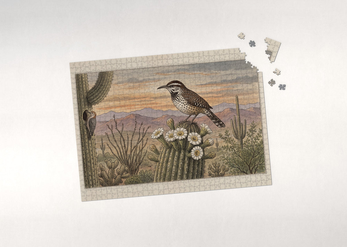 Arizona State Bird and Flower: Cactus Wren and Saguaro Blossom jigsaw puzzle - puzzle with loose pieces