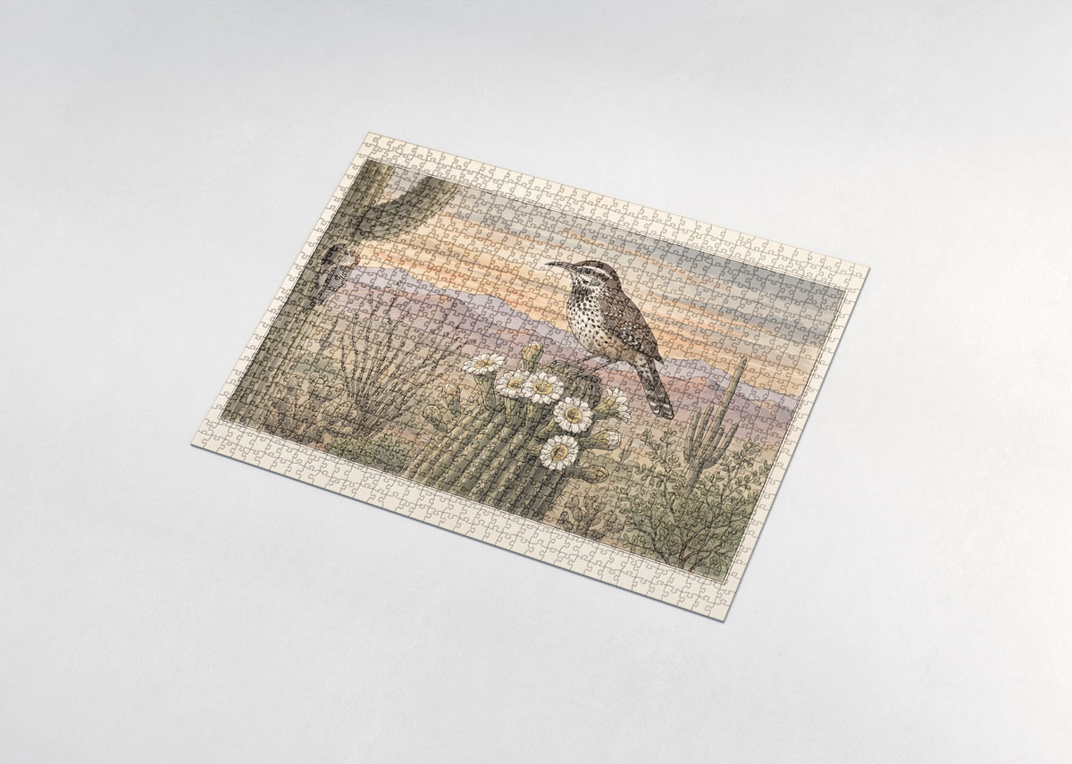 Arizona State Bird and Flower: Cactus Wren and Saguaro Blossom jigsaw puzzle - assembled puzzle