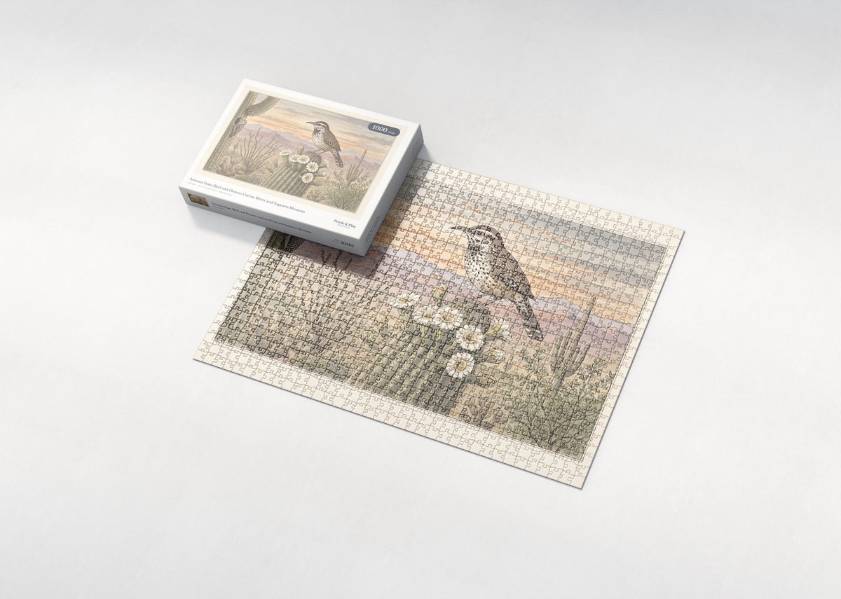 Arizona State Bird and Flower: Cactus Wren and Saguaro Blossom jigsaw puzzle - box and puzzle