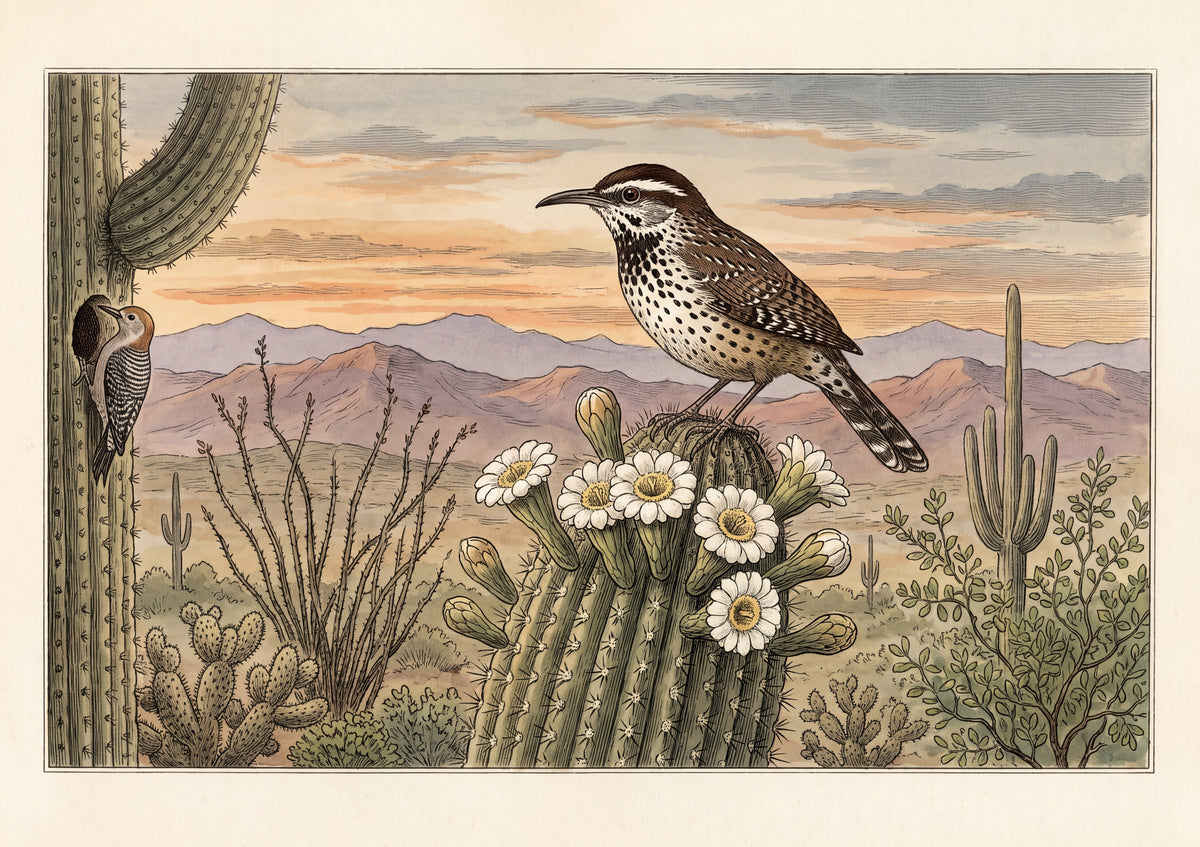 Arizona State Bird and Flower: Cactus Wren and Saguaro Blossom jigsaw puzzle