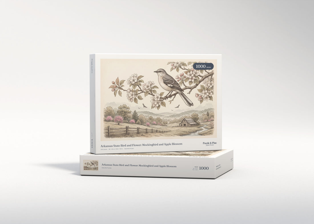 Arkansas State Bird and Flower: Mockingbird and Apple Blossom jigsaw puzzle - gift box