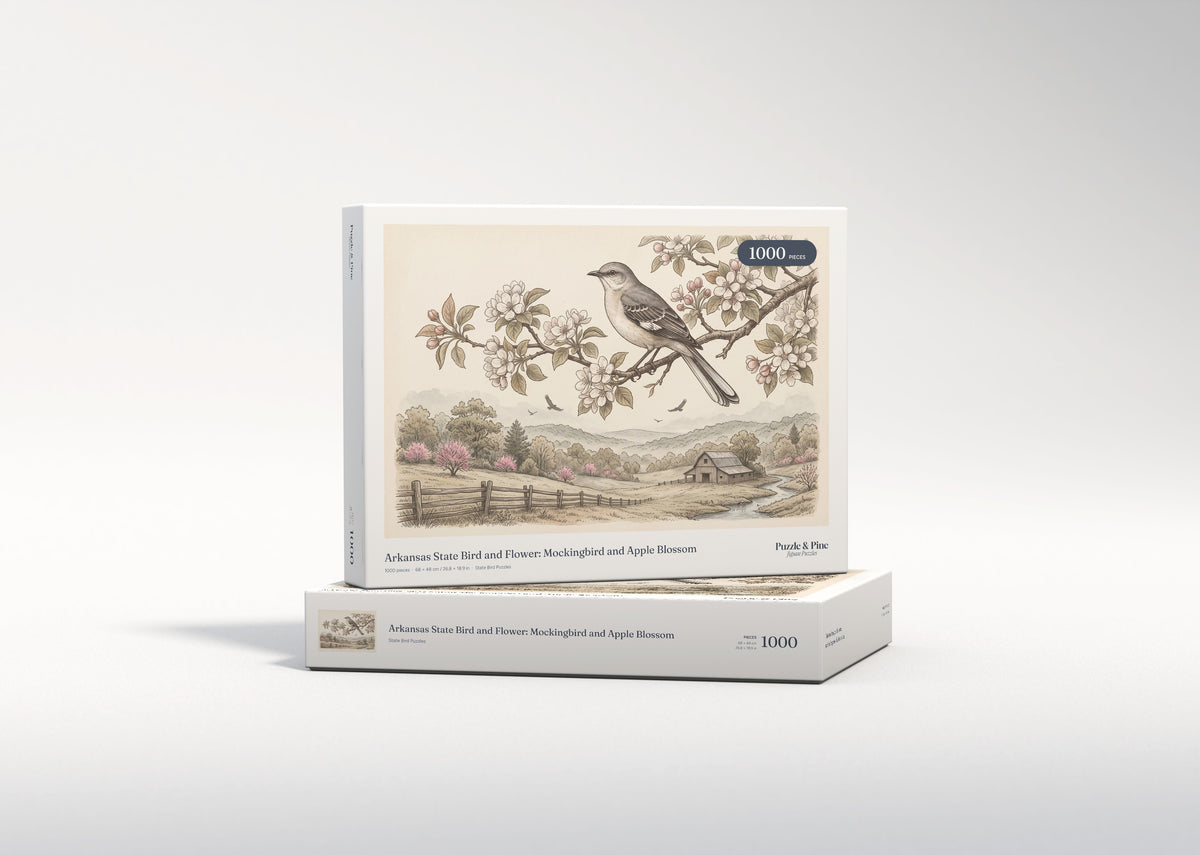 Arkansas State Bird and Flower: Mockingbird and Apple Blossom jigsaw puzzle - gift box