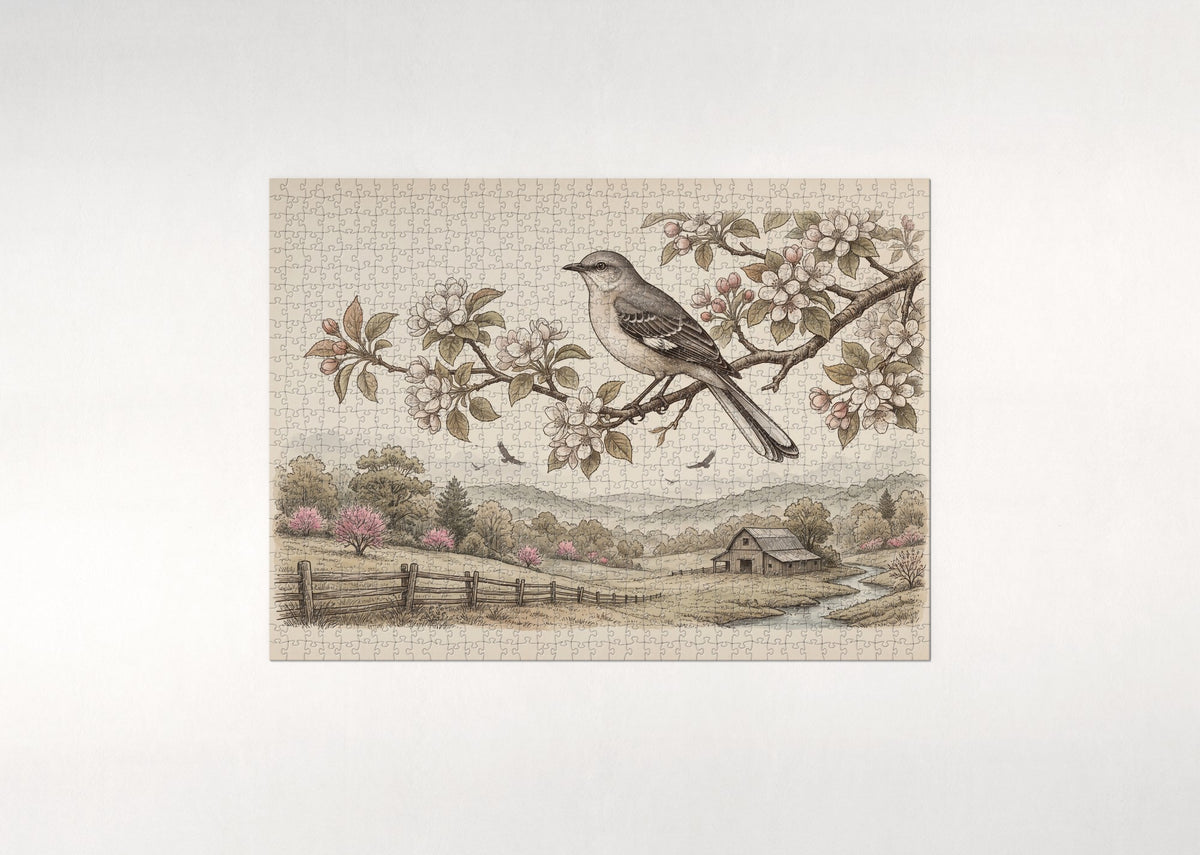 Arkansas State Bird and Flower: Mockingbird and Apple Blossom jigsaw puzzle - flat puzzle