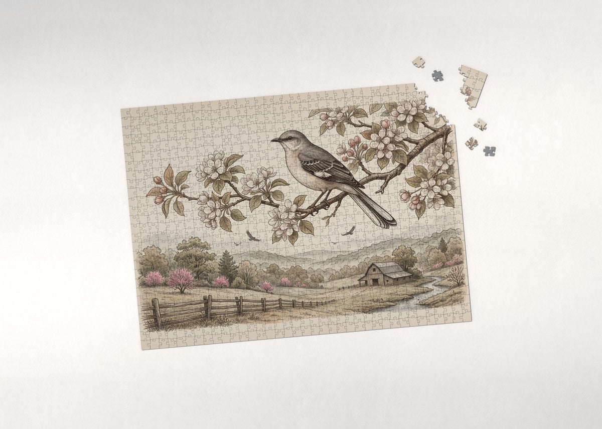 Arkansas State Bird and Flower: Mockingbird and Apple Blossom jigsaw puzzle - puzzle with loose pieces