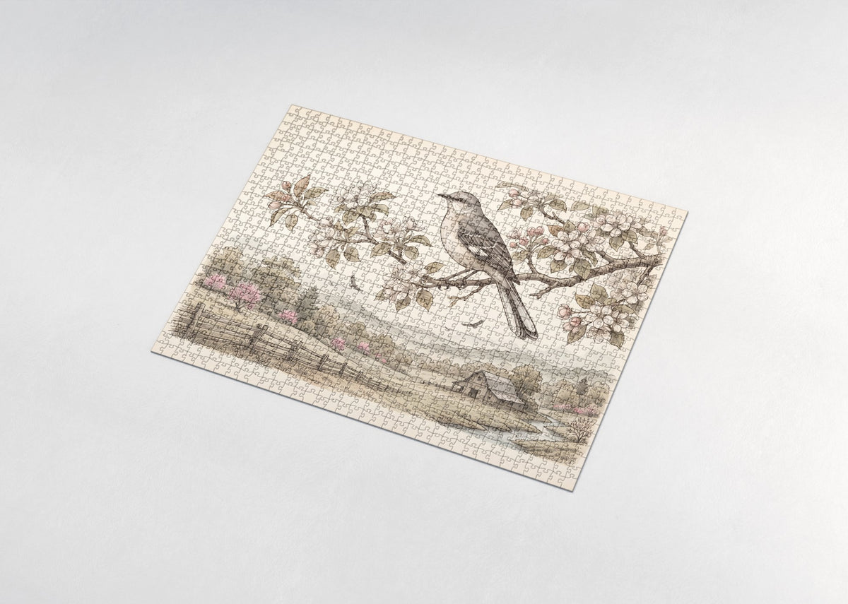 Arkansas State Bird and Flower: Mockingbird and Apple Blossom jigsaw puzzle - assembled puzzle
