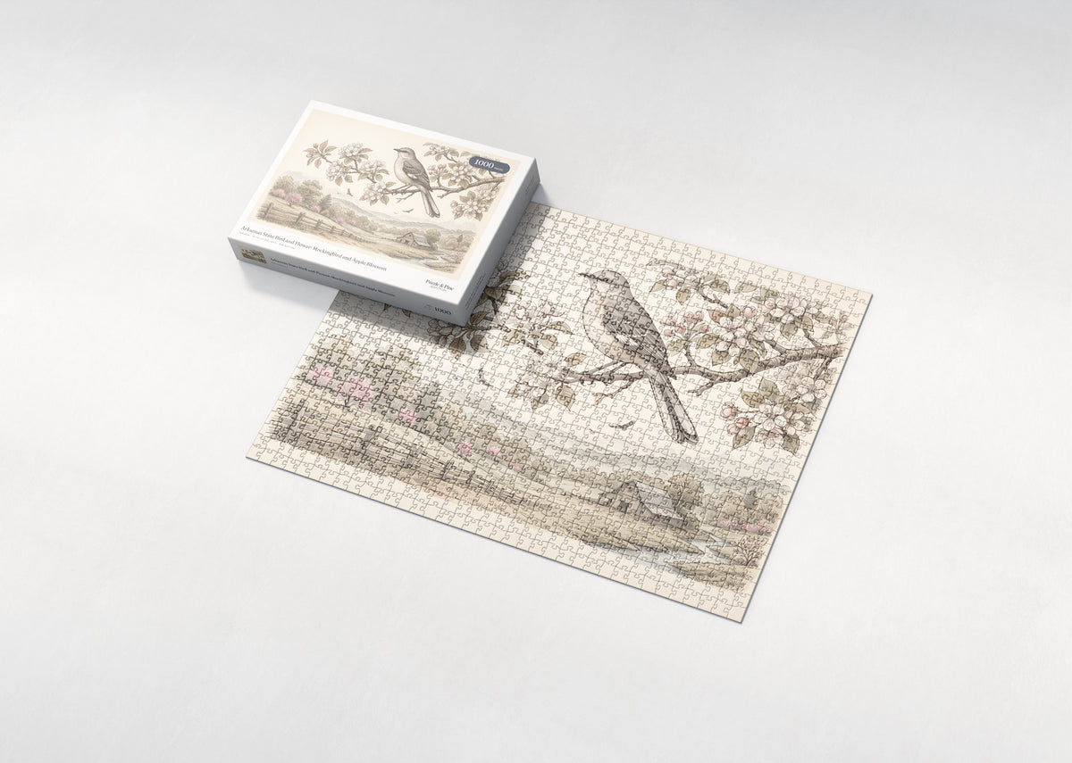 Arkansas State Bird and Flower: Mockingbird and Apple Blossom jigsaw puzzle - box and puzzle
