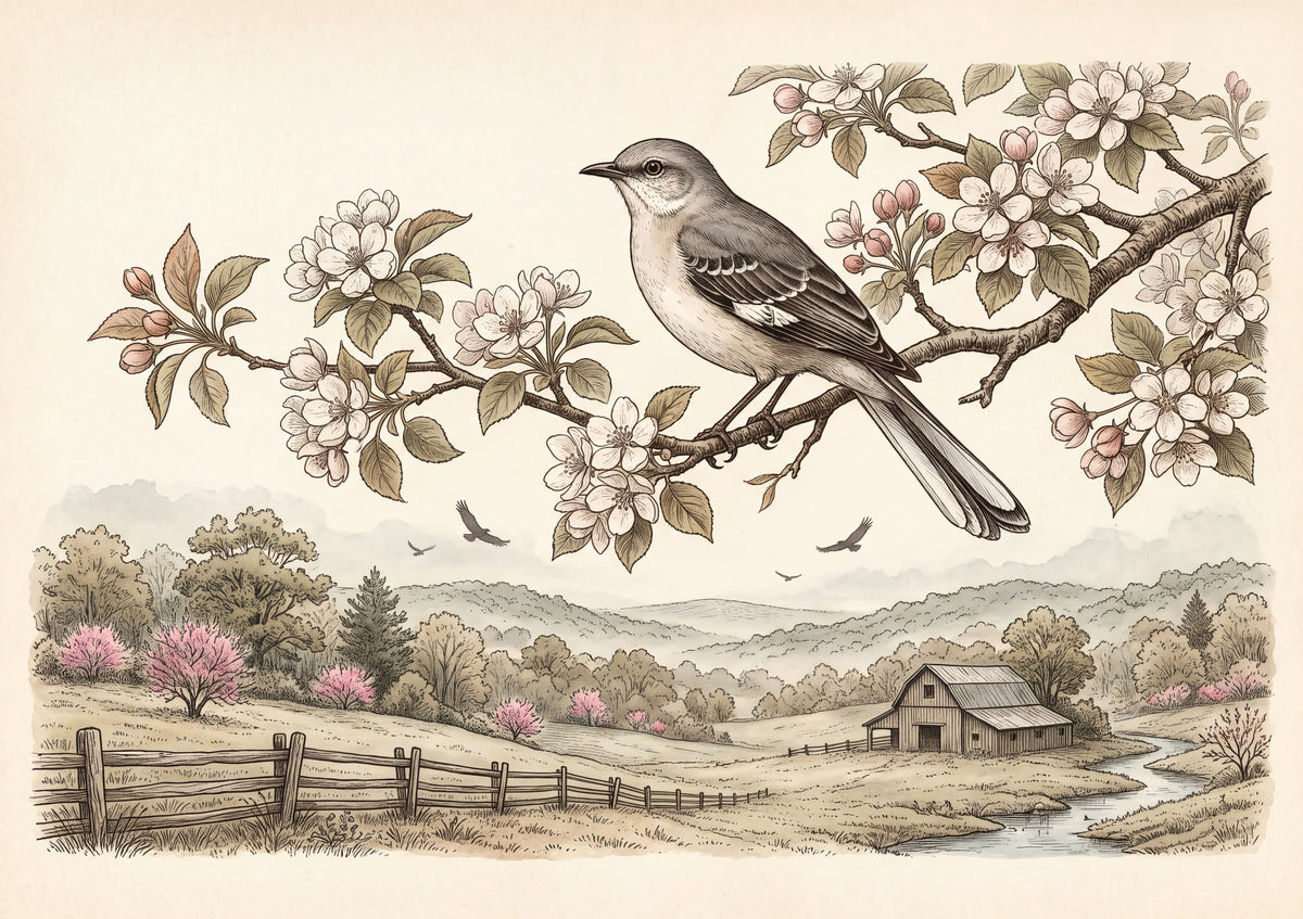 Arkansas State Bird and Flower: Mockingbird and Apple Blossom jigsaw puzzle