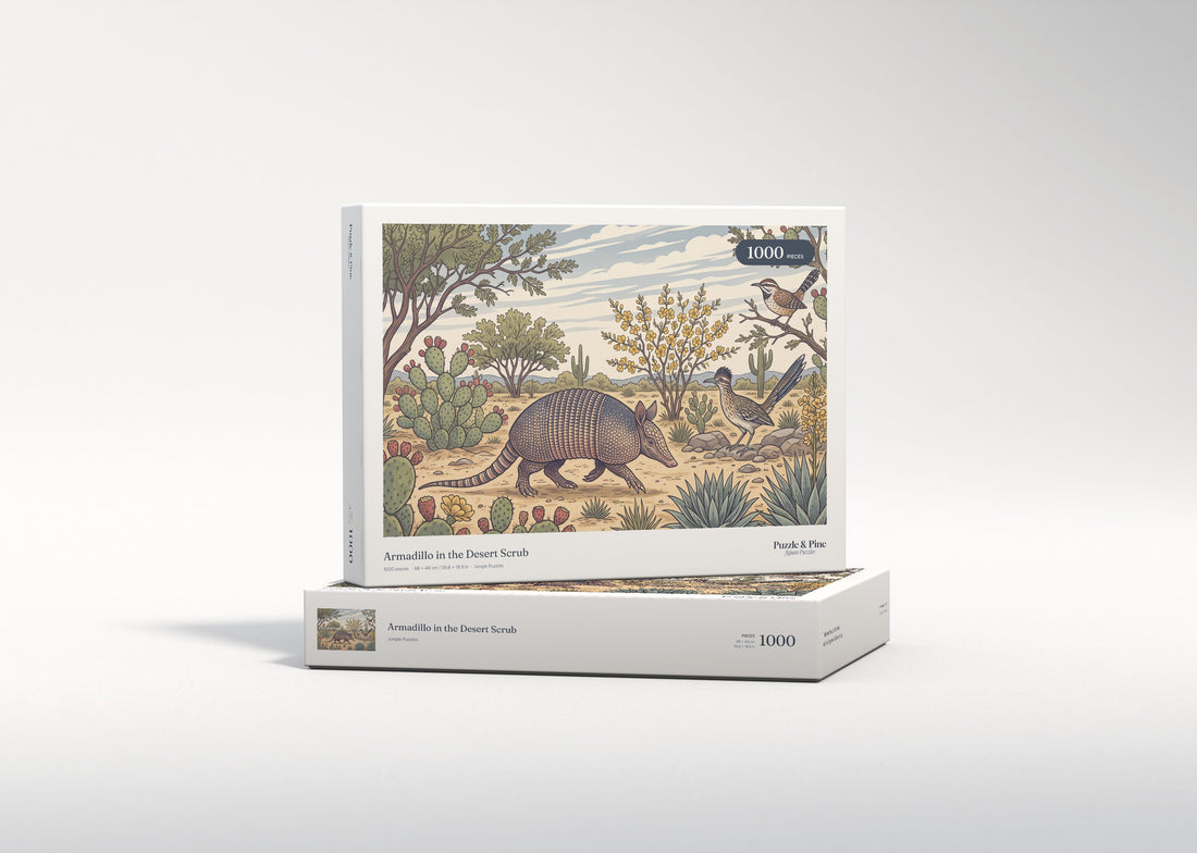 Armadillo in the Desert Scrub jigsaw puzzle - gift box