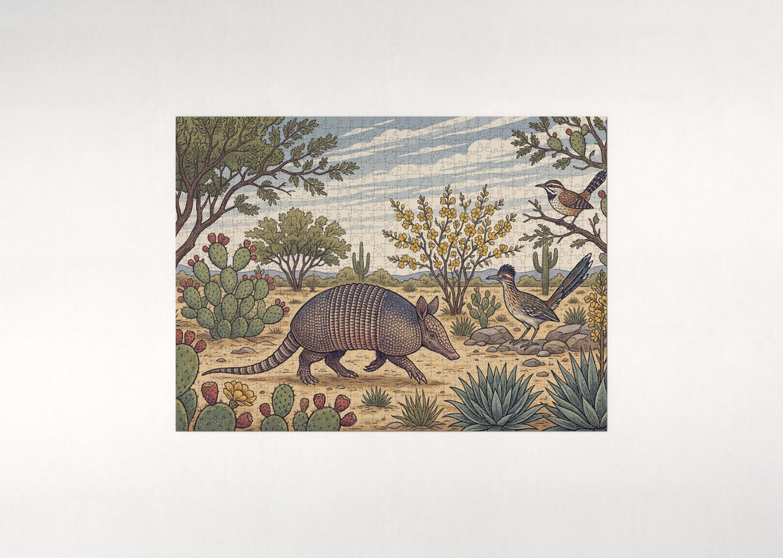 Armadillo in the Desert Scrub jigsaw puzzle - gift box