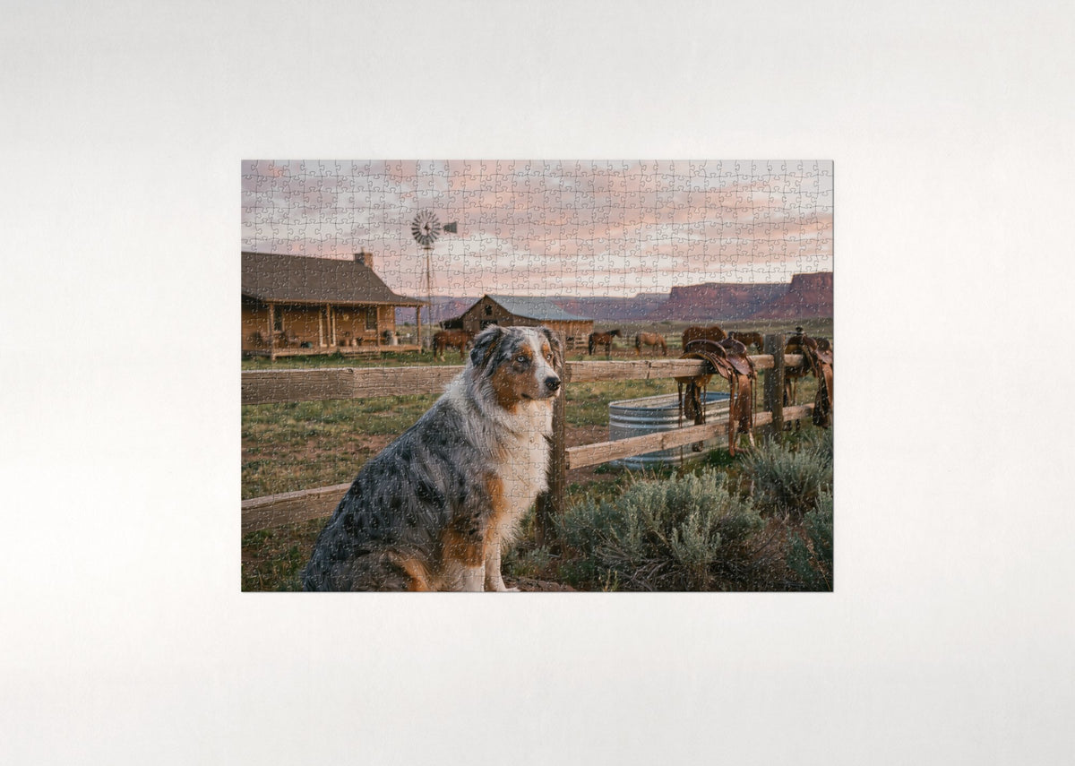 Australian Shepherd at the Ranch Sunrise jigsaw puzzle - flat puzzle