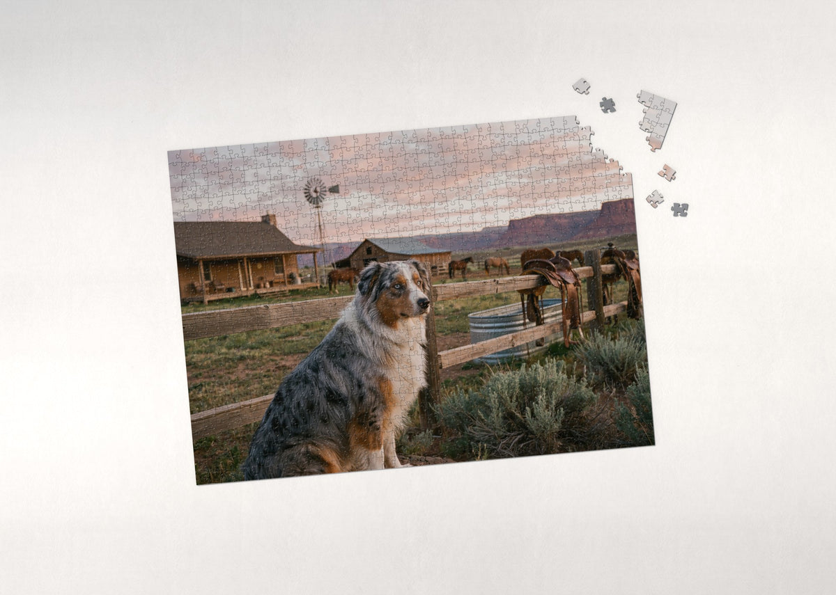 Australian Shepherd at the Ranch Sunrise jigsaw puzzle - puzzle with loose pieces