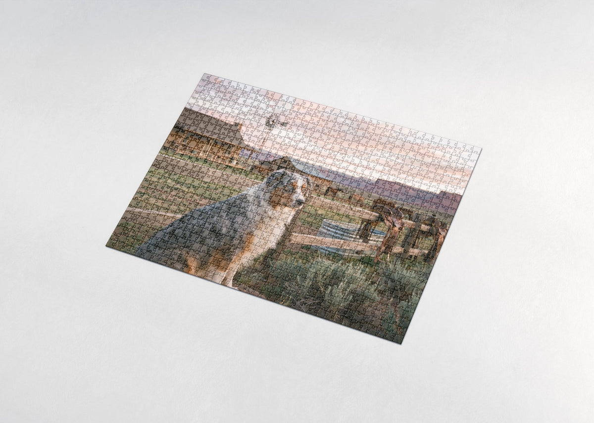 Australian Shepherd at the Ranch Sunrise jigsaw puzzle - assembled puzzle