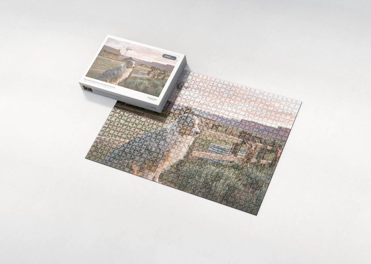 Australian Shepherd at the Ranch Sunrise jigsaw puzzle - box and puzzle