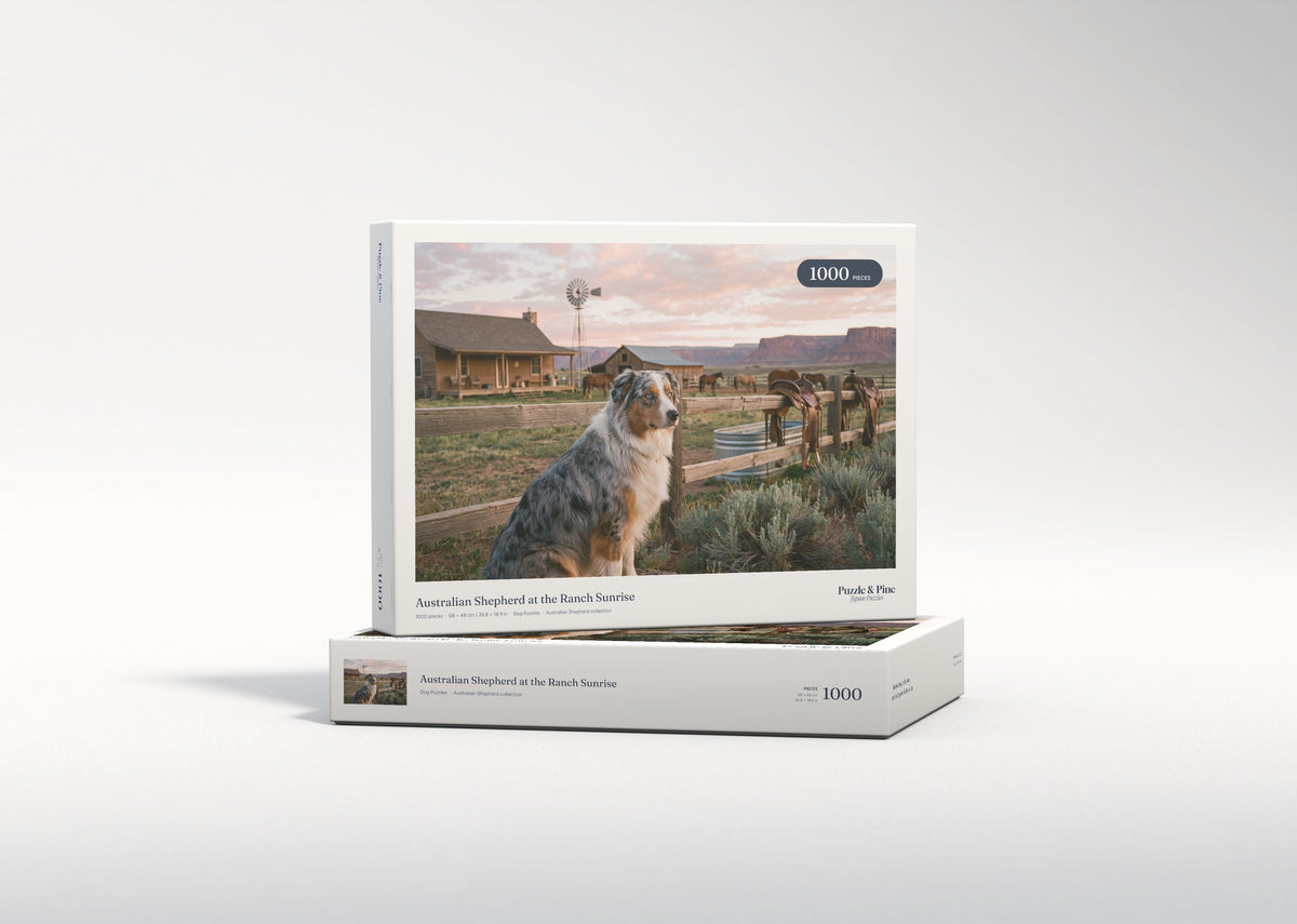 Australian Shepherd at the Ranch Sunrise jigsaw puzzle - gift box