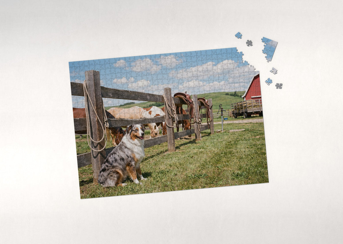 Australian Shepherd by the Horse Corral jigsaw puzzle - puzzle with loose pieces