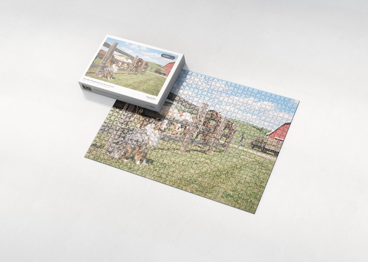 Australian Shepherd by the Horse Corral jigsaw puzzle - box and puzzle
