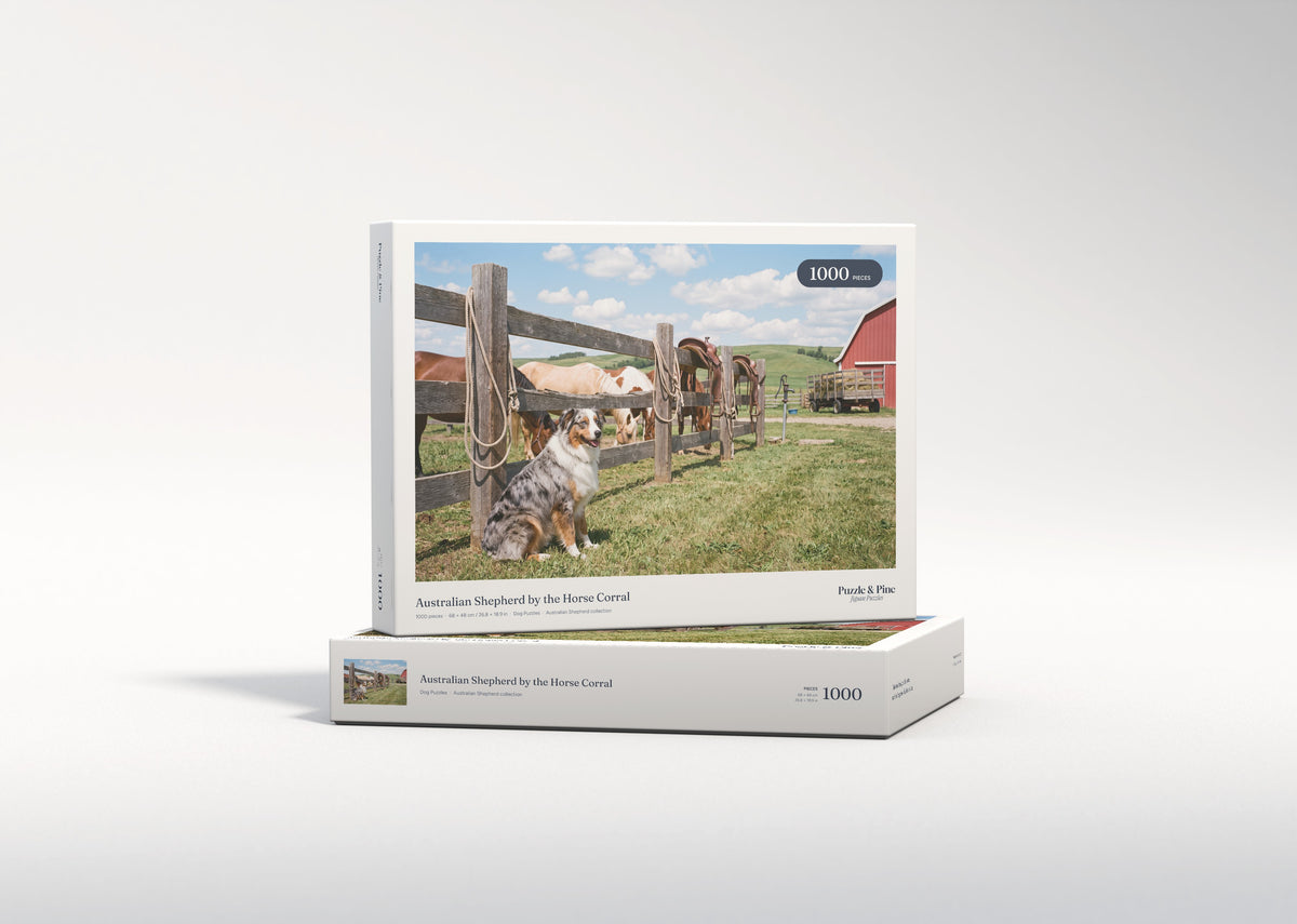Australian Shepherd by the Horse Corral jigsaw puzzle - gift box