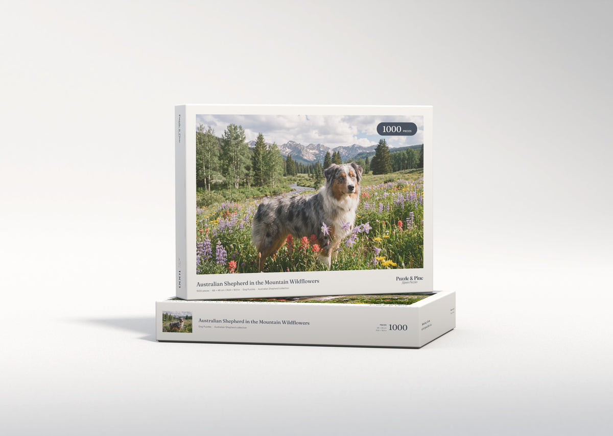 Australian Shepherd in the Mountain Wildflowers jigsaw puzzle - gift box