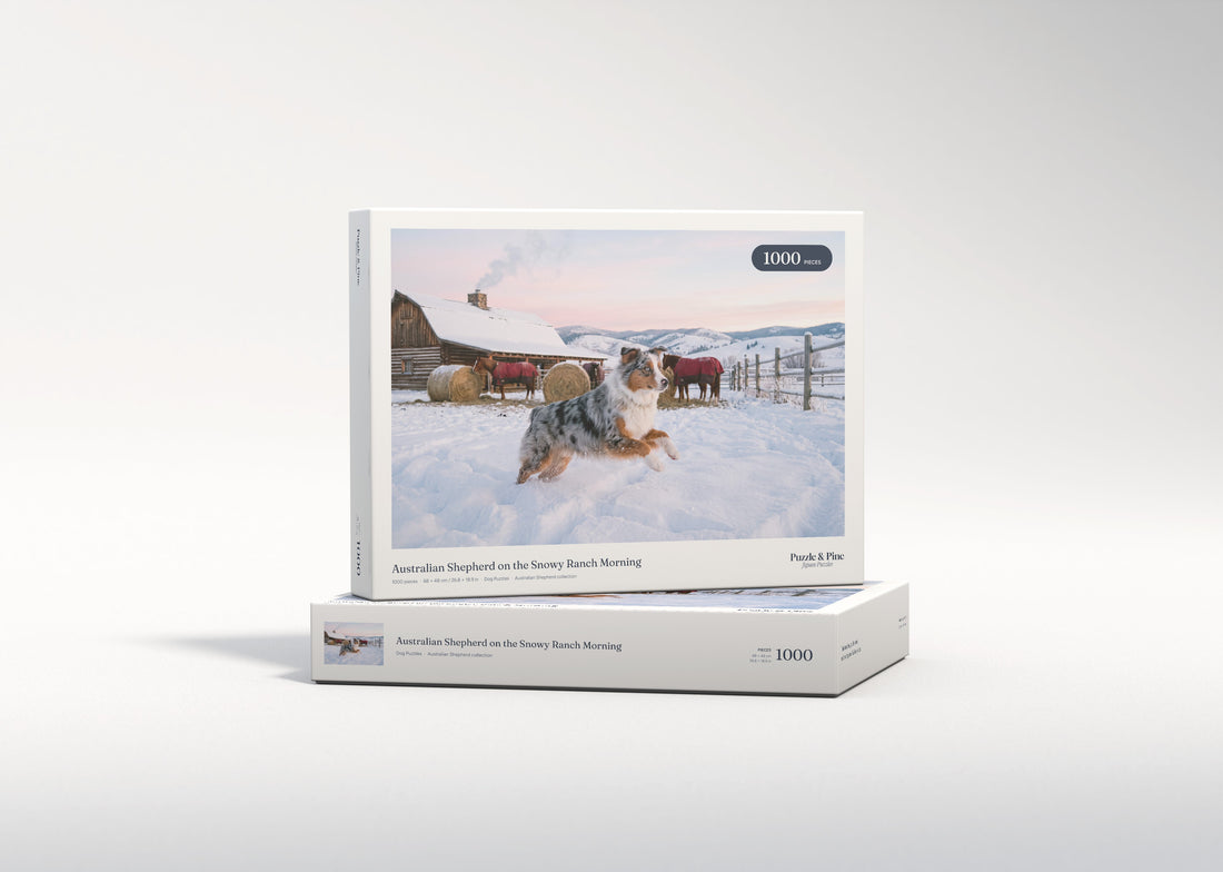 Australian Shepherd on the Snowy Ranch Morning jigsaw puzzle - gift box
