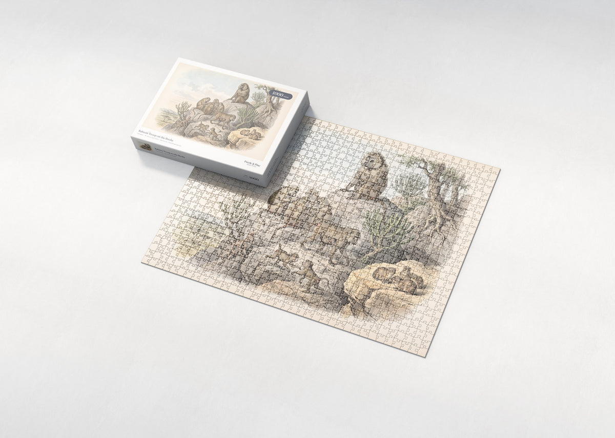 Baboon Troop on the Rocks jigsaw puzzle - box and puzzle