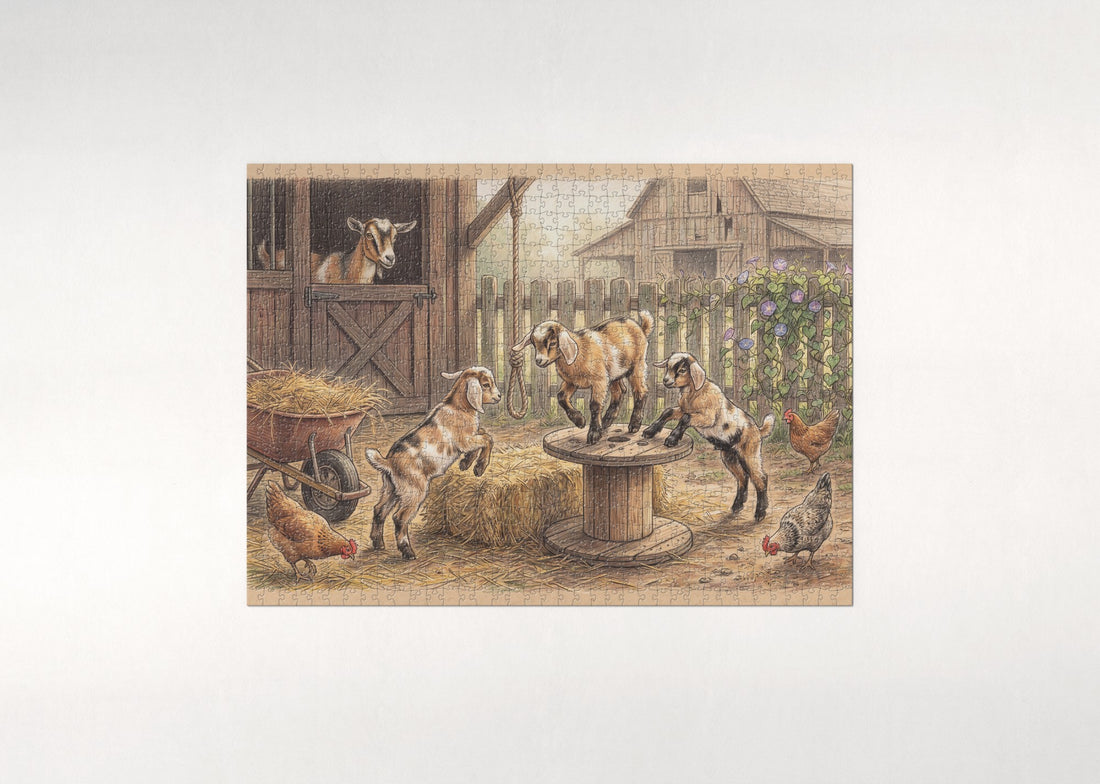 Baby Goats Playing in the Barnyard jigsaw puzzle - gift box
